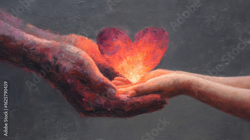 Emotional Hands Holding a Heart-Shaped Light Symbolizing Love, Care, and Compassion - Artistic Painting for Romantic and Inspirational Themes