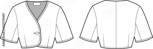 Short sleeve cropped jacket technical flat, single-button closure, V-neck design, front and back view, minimalist outline, vector fashion sketch, g