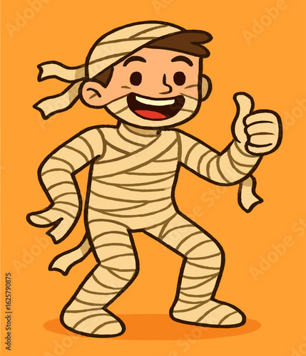 A quirky young man dressed as a mummy strikes a fun pose with a cheerful thumbs-up, his bandaged outfit and bright smile radiating playful Halloween energy against a solid orange background.