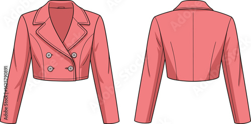 CAD drawing flat vector illustration of women’s cropped double-breasted blazer jacket, front and back view, garments dress, garments cloth