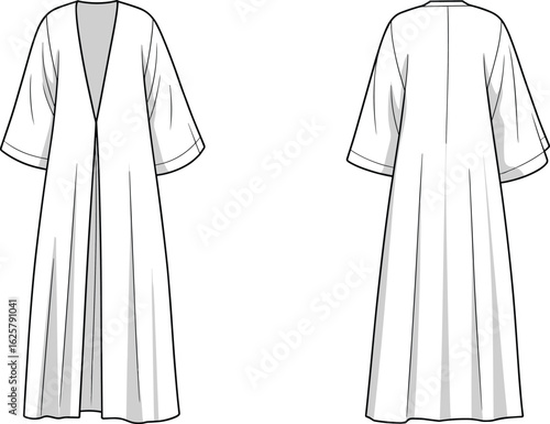 Women’s long open front kimono fashion flat sketch, wide sleeve technical vector illustration, front and back apparel template