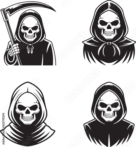 Four illustrations of the grim reaper with scythe and hooded figures