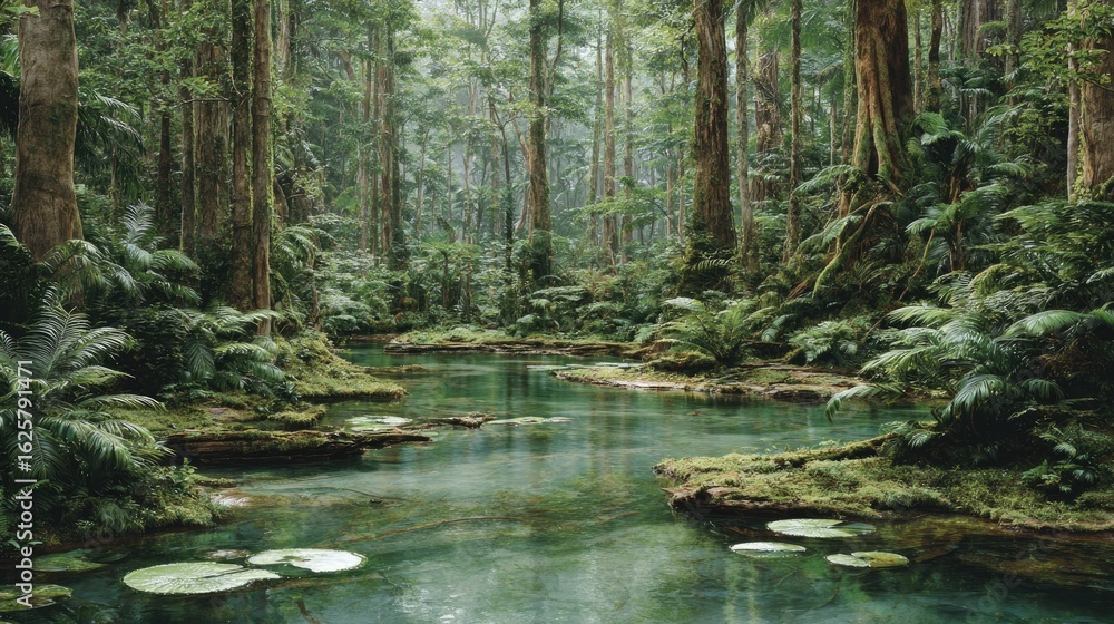 Obraz premium Lush tropical forest with a crystal-clear stream.