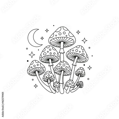 Mystical Mushroom Cluster with Moon and Stars illustration