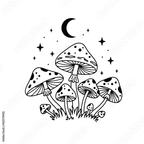 Mystical Mushroom Cluster with Moon and Stars illustration