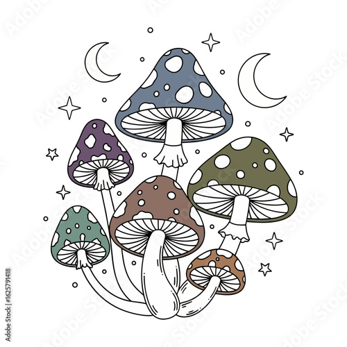 Mystical Mushroom Cluster with Moon and Stars illustration