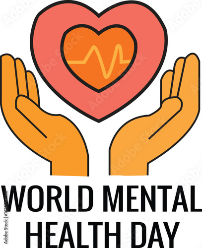 Vector illustration of World Mental Health Day, A red heart, symbolizing love and care, is gently held in a couple's cupped hands