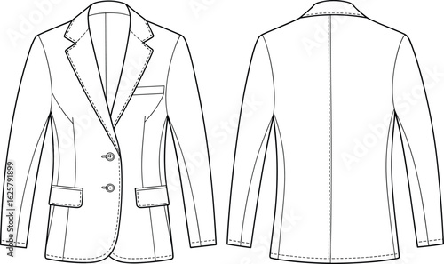 Blazer jacket technical drawing, notched lapel, flap pockets, vented back, chest pocket detail, stitching lines, fashion template, garment construction sketch, tailoring guide