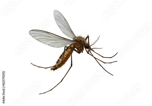 Detailed mosquito illustration for scientific study or educational materials, brown insect with transparent wings