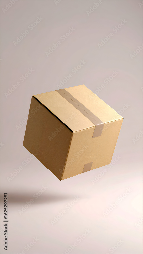 Fototapeta premium Cardboard box floating in the air with minimal background and sharp shadow. E-commerce, fast delivery, and shipping concept.
