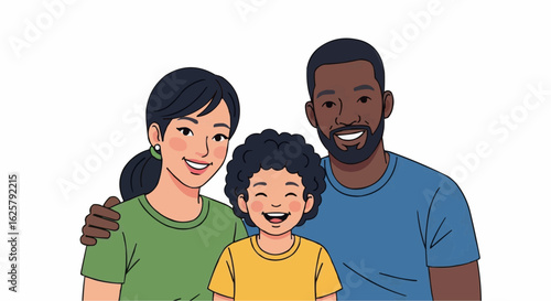 Portrait of happy multiracial family with asian mom, african dad and son. Mixed race parents with child. stock