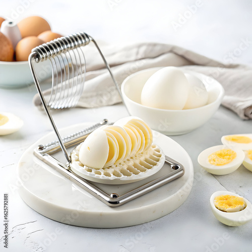 A wire egg slicer designed to slice hard-boiled eggs evenly and quickly,