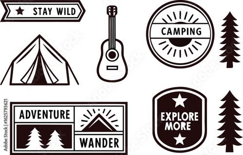Collection of camping and adventure themed graphic badges and icons including a tent guitar trees and text