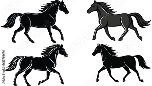 Four black and dark grey horses in profile with flowing manes and tails depicted in a stylized graphic art style