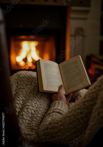 A cozy person in a knit sweater is reading a book in front of a warm fireplace, with a gentle glow illuminating the pages