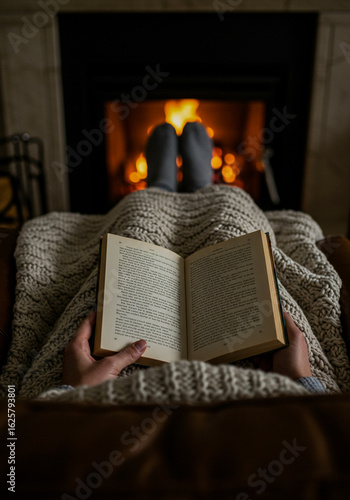 A person is relaxing on a cozy chair by a fireplace, reading a book with a knitted blanket draped over their legs and feet in socks