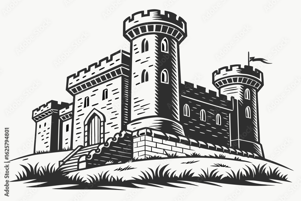 Obraz premium Majestic Stone Fortress: An illustrative scene of a strong castle on a small hill under a bright sky, inviting you to explore the history of this impressive construction.