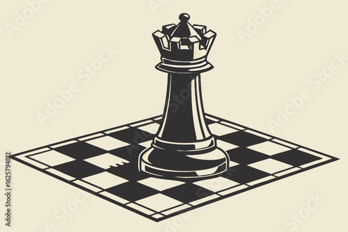 Chess Queen Strategy: An elegant illustration of a chess queen standing on the iconic chessboard, symbolizing strategy, power, and intellectual game.