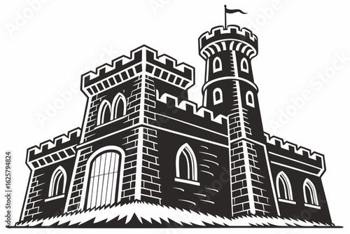 Architectural Fortress: A striking illustration of an imposing medieval castle, showcasing its formidable architecture with a tall tower, crenellated walls, and sturdy gate.