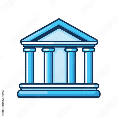 Greek Temple Facade Icon with Four Columns in Blue Shades on White Backdrop