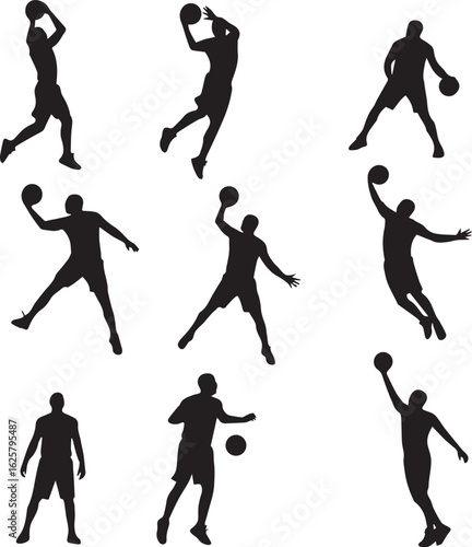 Collection of black basketball player silhouettes in various action poses like shooting, jumping, and dribbling. Ideal for sports graphics & designs.