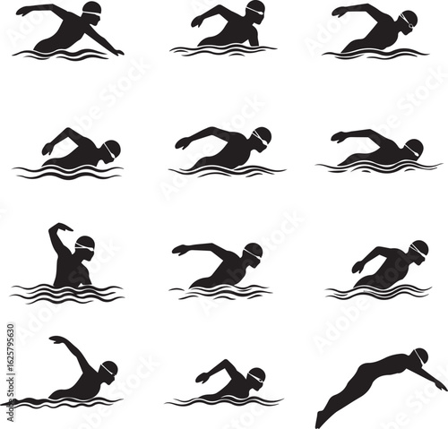 A collection of black vector silhouettes depicting various swimming styles and poses. Ideal for sports, fitness, and aquatic-themed designs.