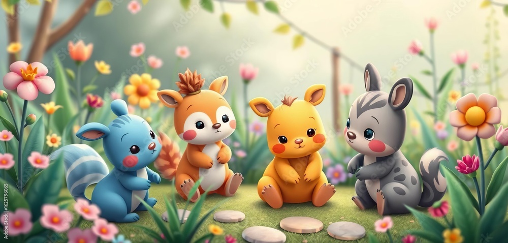 Naklejka premium Cute animal friends playing in a whimsical garden, card, cute