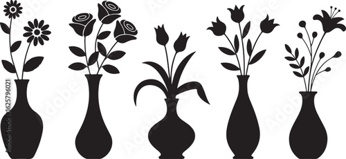 Silhouettes of five different flower arrangements in vases