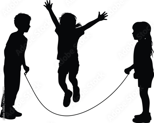 Silhouette of children playing jump rope, group kids activity, childhood fun, outdoor playtime, skipping rope game, teamwork, active kids, energetic play, fun exercise