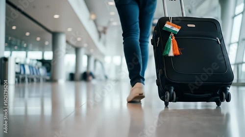 A woman walks through a modern airport terminal pulling her luggage with an Indian flag tag, symbolizing a journey to or from India and the concept of global travel.