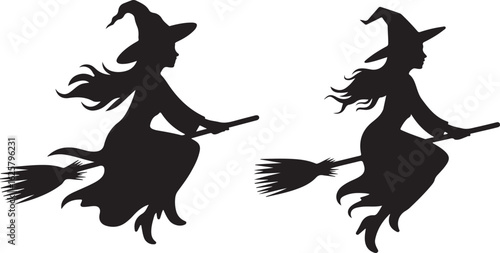 Two silhouette witches flying on brooms against a white background