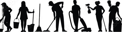 Silhouette of people cleaning, household chores team, janitor staff at work, domestic cleaning service, sweeping, mopping, vacuuming, sanitation crew, hygiene maintenance, working together.