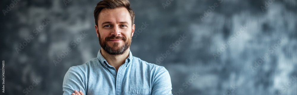 Fototapeta premium A confident young man with a beard stands against a textured gray background, showcasing a relaxed style. His friendly expression conveys approachability and professionalism.