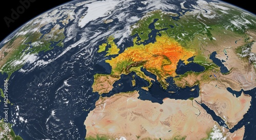 European Heatwave Satellite - Satellite showing a heatwave affecting Europe, highlighting areas of high temperature