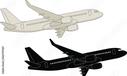 Silhouette and outline of airplanes flying, commercial jet illustration, aviation transport graphic, aircraft in motion, air travel symbol, modern plane vector, airline concept.