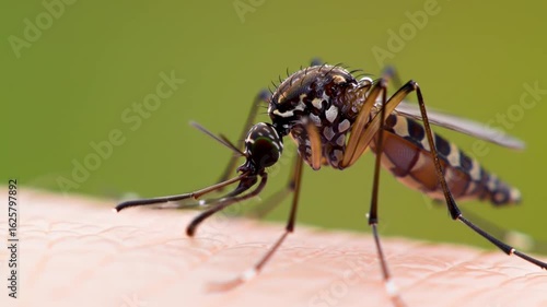 Close-up of a Mosquito Biting Human Skin: Disease Vector and Public Health Concern