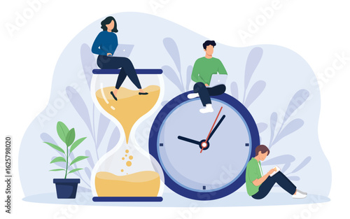 Time management and business planning concept. Tiny people work near huge hourglass and alarm clock. Team working together with laptops. Time is money. Vector illustration.