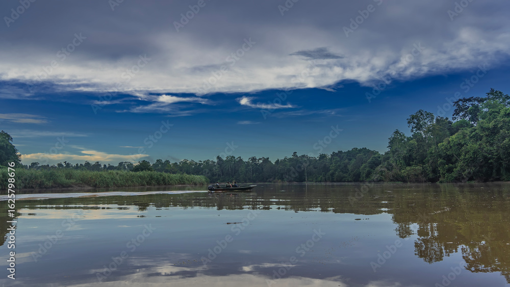 Fototapeta premium Early morning on a tropical river in the jungle. Thickets of rainforest trees on the banks. The tourist boat is far away. Blue sky, clouds. Reflection on the smooth shiny surface of the water.Malaysia
