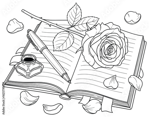 Romantic Diary Illustration – Open Journal with Rose, Ink Bottle, Fountain Pen, and Petals in Elegant Black and White Line Art for Coloring Pages and Decorative Designs
