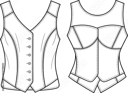 CAD drawing flat vector illustration, women’s corset top designs, sleeveless fashion garment, dress, garments cloth, structured bodice pattern