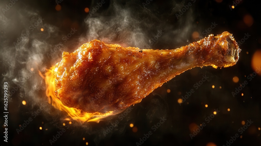 Fototapeta premium fried chicken leg fresh out of the fryer, golden and crispy, designed for food advertising with space for text, dark blur background