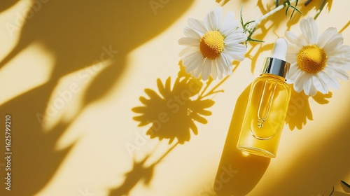 Chamomile flower and dropper with beauty liquid on a yellow background. Sunlight creates a pretty shadow. Using natural flower scents in skincare.
