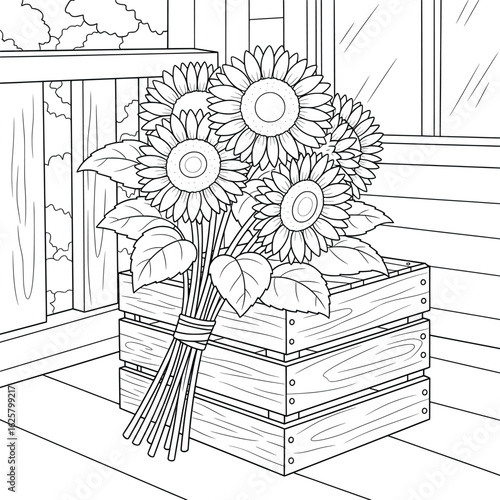 Rustic Bouquet of Sunflowers on Wooden Crate – Hand-Drawn Line Art for Farmhouse Decor and Adult Coloring Books