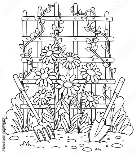 Daisy Flowers on Garden Trellis with Shovel and Rake – Hand-Drawn Floral Line Art Illustration for Coloring Pages and Garden Decor