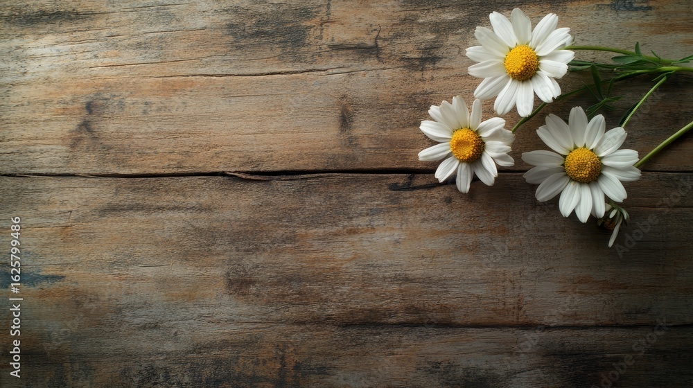 Obraz premium Chamomile flowers on a wood table. Great for calming tea. A healthy, natural drink! Flat lay. Room for your message. Good for health and boosting immunity. 