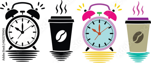 Alarm clocks and coffee cups illustration morning