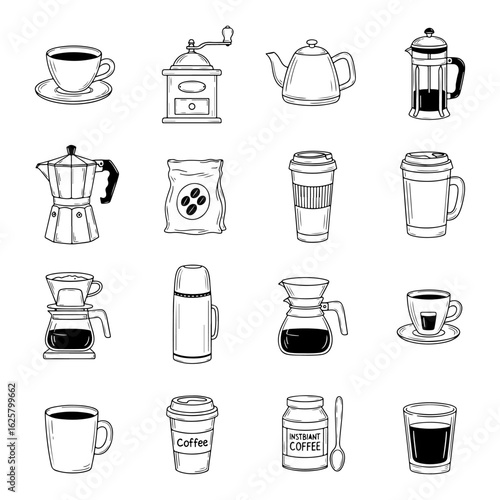 Assorted Coffee Making Devices and Cups in Line Art Style saucer coffee grinder