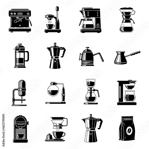 Black and White Icons of Various Coffee Machines and Brewers espresso machine coffee maker