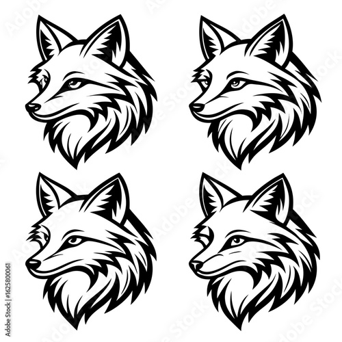 Four stylized fox head illustrations in black and white with varying expressions foxes