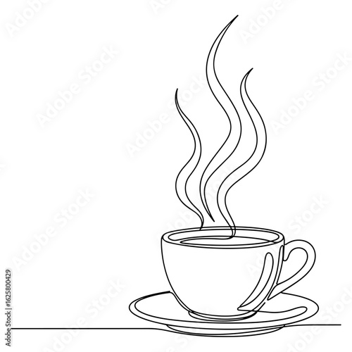Single line drawing of a steaming cup of coffee on a saucer hot drink beverage